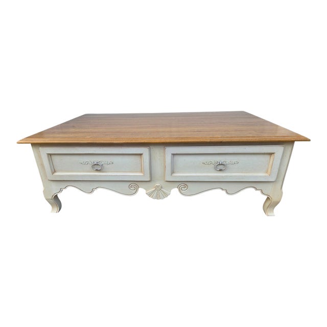 Vintage Ethan Allen French Country Coffee Table 4 Drawer Map Chest Distressed For Sale