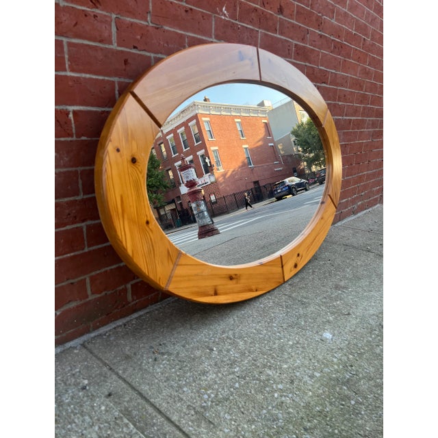 Large Oval Wall Mirror in Solid Pine by Glasmäster Markaryd, Sweden, 1960s For Sale - Image 4 of 6