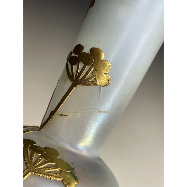 Glass Fine Antique Art Nouveau Iridescent Satin Glass Vase W/ Gilt Bronze Overlay For Sale - Image 7 of 15