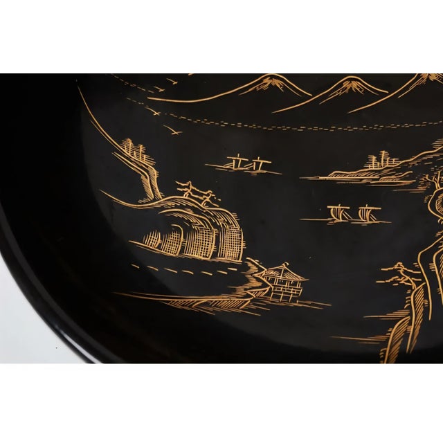 Vintage 1940s Japanese Black Lacquer Bowl With Painted Brass Inlay For Sale - Image 12 of 16