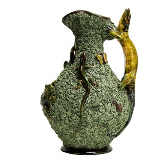 Antique Portuguese Palissy Majolica Pitcher With Lizards and Bugs For Sale