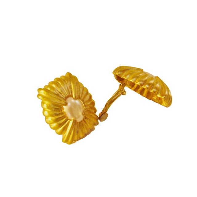 Modern 1970s Givenchy Vintage Large Matte Gold Carved Glass Pearl Earrings, 2 Pieces For Sale - Image 3 of 4