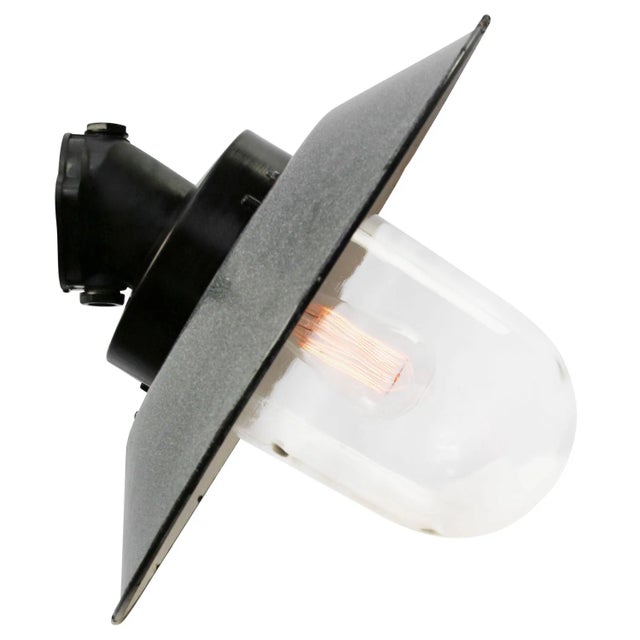 Vintage Industrial Grey Enamel Bakelite and Clear Glass Wall Sconce For Sale - Image 5 of 5