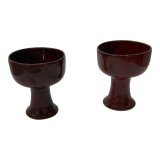Late 20th Century Mid Century Modern Hand-Thrown Ceramic Pedestal Teacups — Artist Regis Brodie - a Pair For Sale