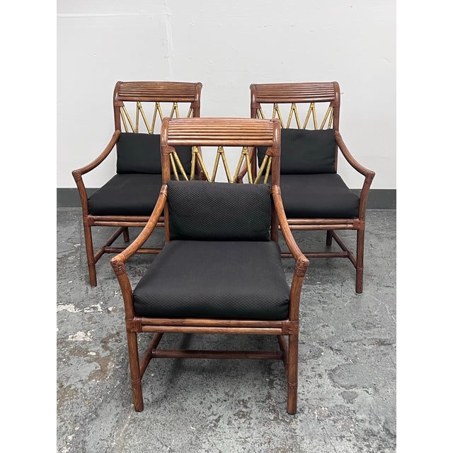 McGuire Style Bamboo + Rattan Armchairs, Set of Three For Sale - Image 11 of 12