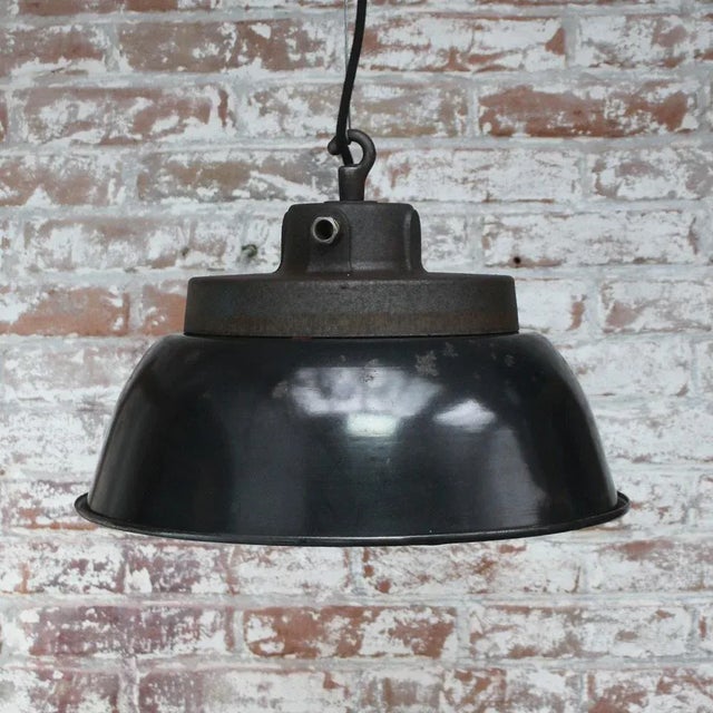 Vintage Factory Black Enamel and Cast Iron Pendant Lamp For Sale - Image 4 of 5