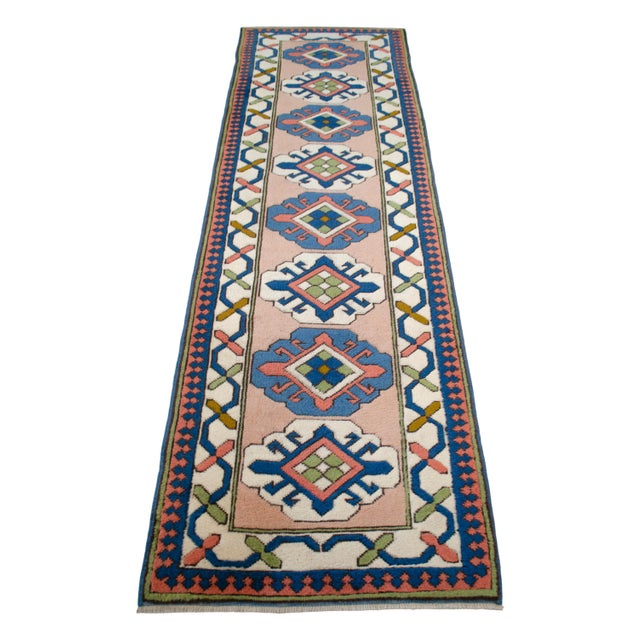 Textile Hand-Knotted Turkish Wool Rug . Oushak Runner Rug Pink Hallway Decor2′9″ × 9′1″ For Sale - Image 7 of 16