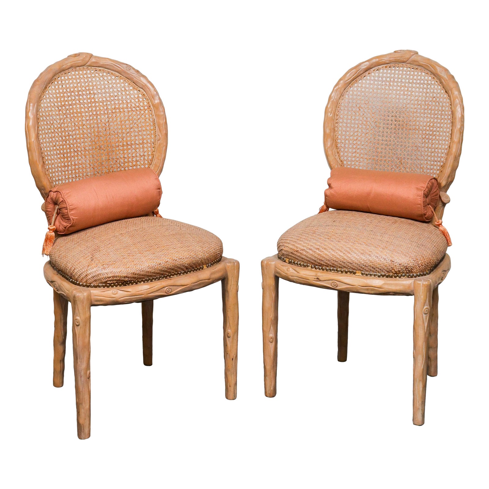 Faux Bois Caned Back Side Chairs With Wicker Seat Chairish