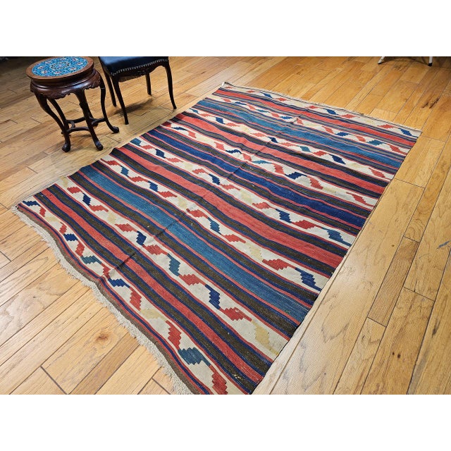 Textile Vintage Caucasian Kilim Rug, Handwoven Wool, Geometric Stripes, Blue & Ivory, 6' x 8' For Sale - Image 7 of 8