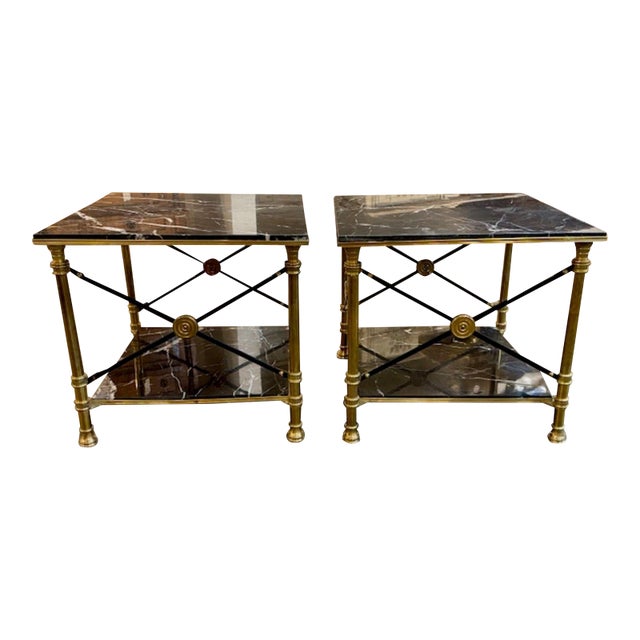 Pair of Jansen Manner Brass and Marble Side Tables For Sale