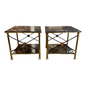 Pair of Jansen Manner Brass and Marble Side Tables