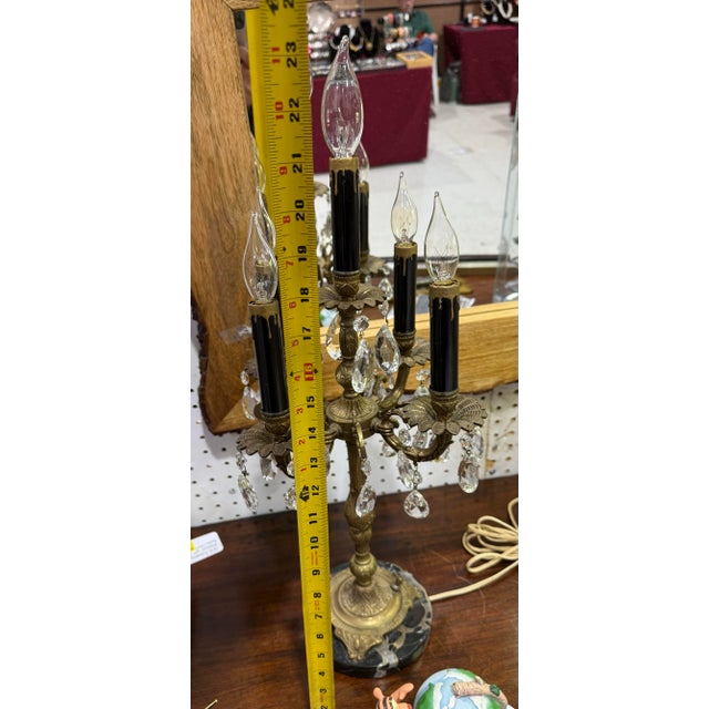 Glass Vintage Spanish Brass Candelabra Lamp Crystal Prisms Lamp 23in For Sale - Image 7 of 8