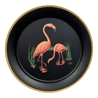 Mid-Century Florida Regency Flamingo Metal Round Serving Tray Wall Art - 19" For Sale