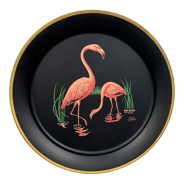 Mid-Century Florida Regency Flamingo Metal Round Serving Tray Wall Art - 19" For Sale