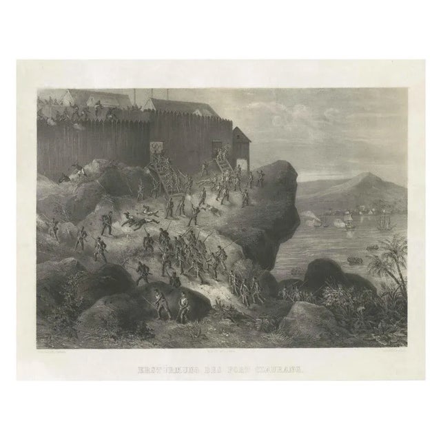 Incredible action view of a rare German lithograph showing a massive assault on Fort Claurang in Borneo. Published by...