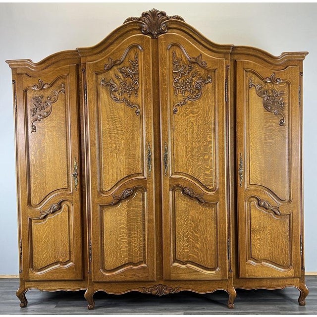 Vintage French Louis XVI Style Carved Oak 4-Door Wardrobe For Sale - Image 15 of 15