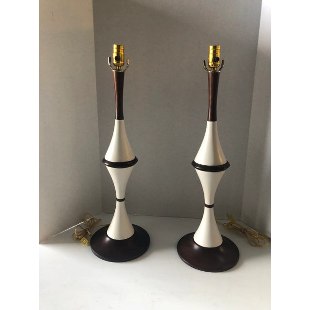 1970s Vintage White Ceramic and Wood Lamps - a Pair For Sale - Image 5 of 5
