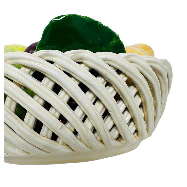 Ivory Mid-Century Italian Majolica Hand-Woven Ceramic Fruit Basket Centerpiece For Sale - Image 8 of 10
