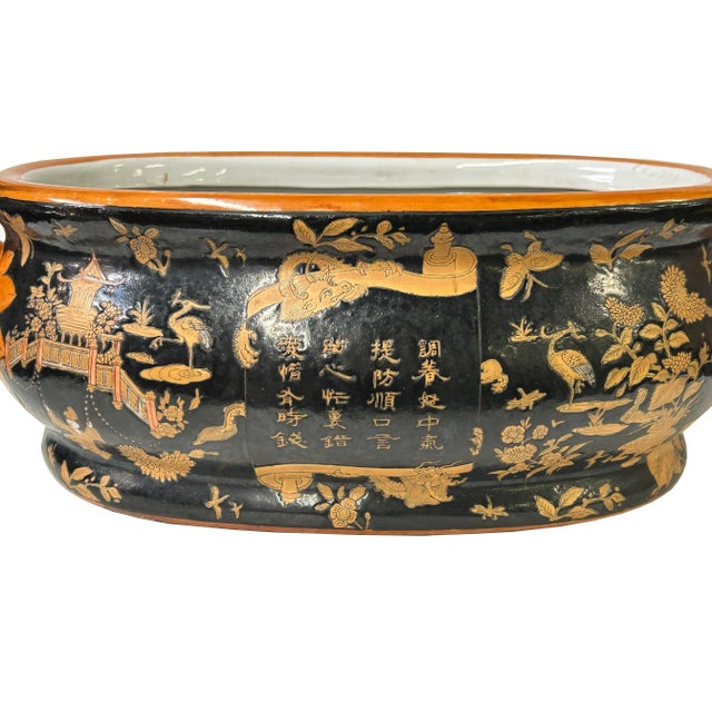 Vintage Chinese Black Copper Scenery Graphic Ceramic Oval Bowl Pot For Sale - Image 9 of 10