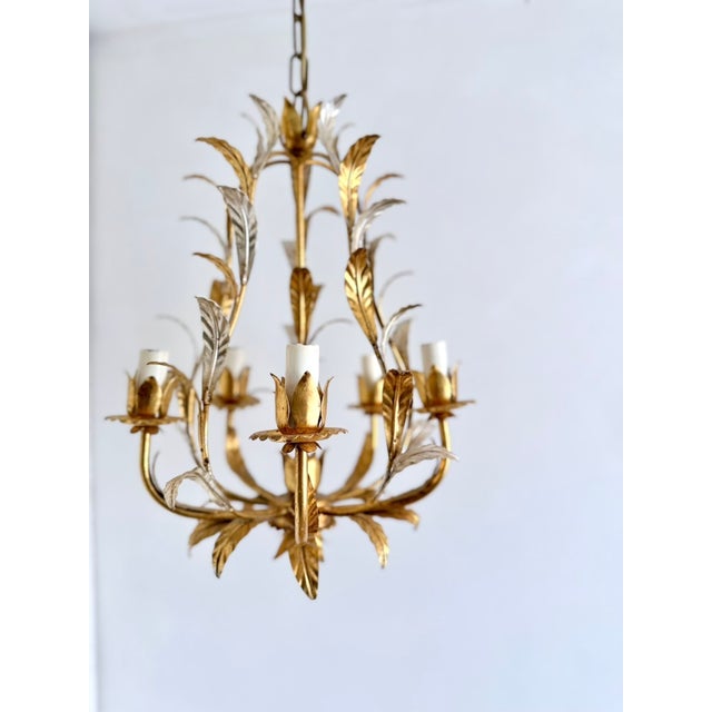 French Gilt and Silvered Tole Leaf 5-Light Chandelier, 1960s For Sale - Image 4 of 16