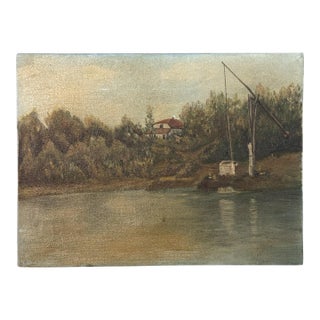 Vintage Original Landscape Oil Painting on Canvas, Waterfront Cottage Scene For Sale