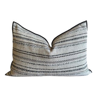 Custom Embroidered Stripe French Linen and Wool Pillow With Insert For Sale