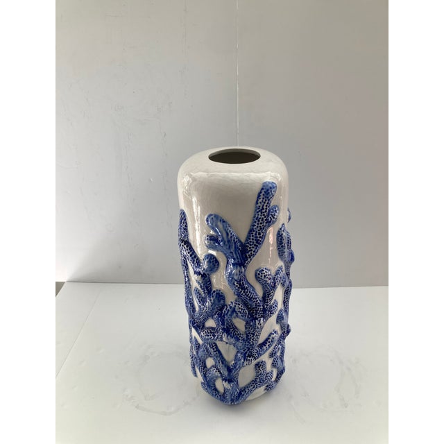 Beautiful Blue Coral in White Glazed Ceramic Vase. Big scale to add some Boho Chic style to your Design Project.