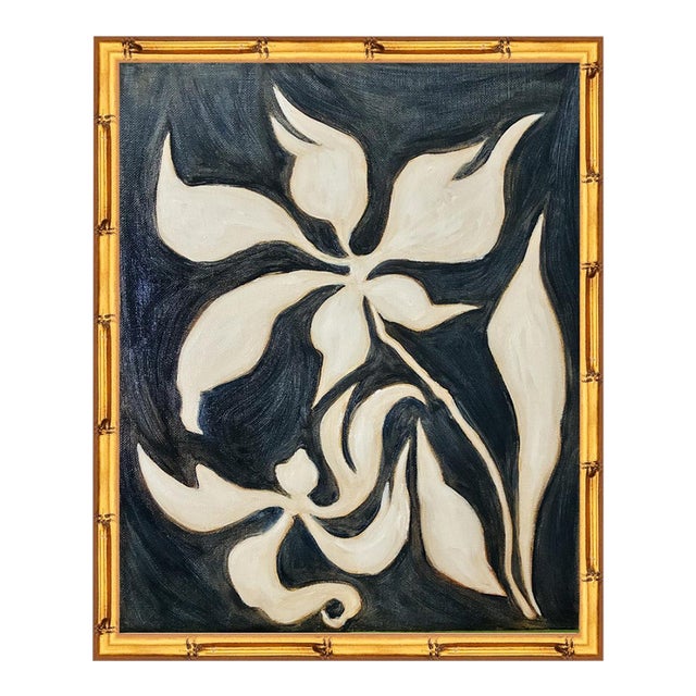 Original Framed Carnation Flower Painting, White Black Moody Wall Art Oil on Canvas, Dark Academia Boho Home Decor by Tatiana Duperault For Sale