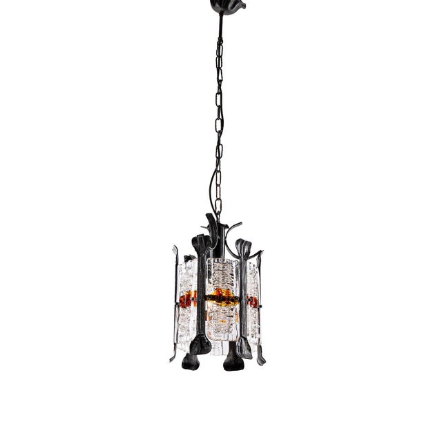 Mid-Century Modern Brutalist Pendant Lamp in Wrought Iron and Colored Murano Glass by Tom Ahlström & Hans Ehrich, Sweden, 1960s For Sale - Image 3 of 9