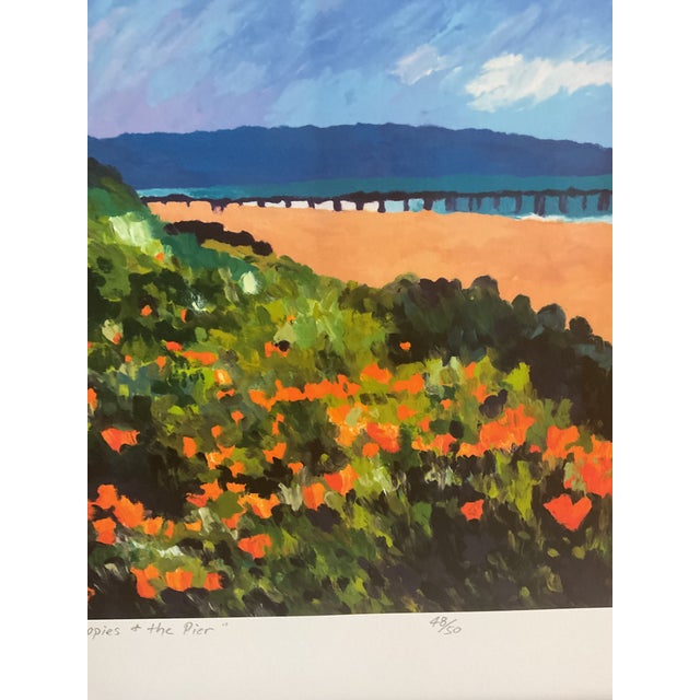 This vibrant coastal landscape bursts with color and energy. Bold brushstrokes capture a hillside of California poppies...