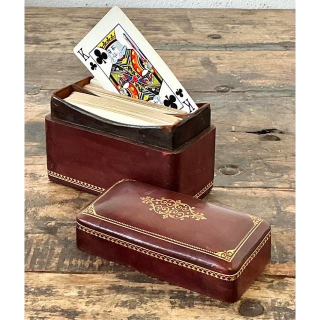 Wood Vintage Gold Embossed Leather Card Box For Sale - Image 7 of 12