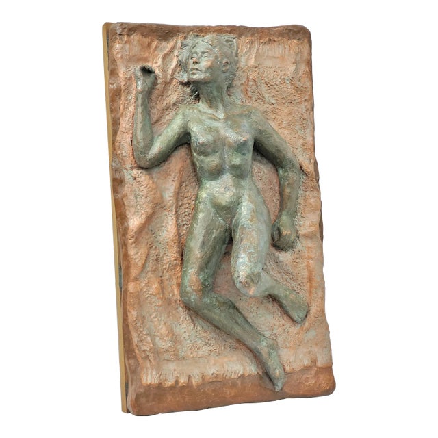 1990s Vintage Clay Art Nude Women Laying Sculpture Wall Hanging For Sale