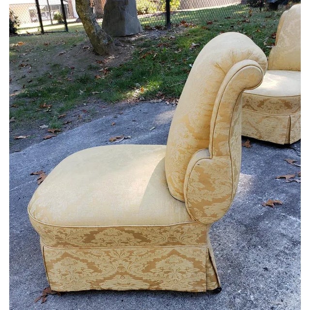 Hollywood Regency Early 20th Century Yellow Brocade Upholstered Slipper Chairs - a Pair For Sale - Image 3 of 8
