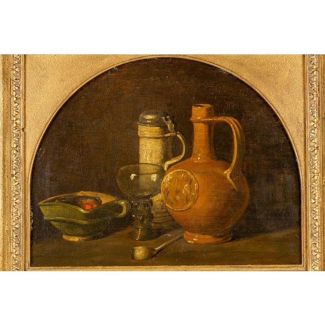 Rustic European Early Dutch Still-Life Painting of a Table Setting in a Later 19th Century Arched Giltwood Frame For Sale - Image 3 of 5