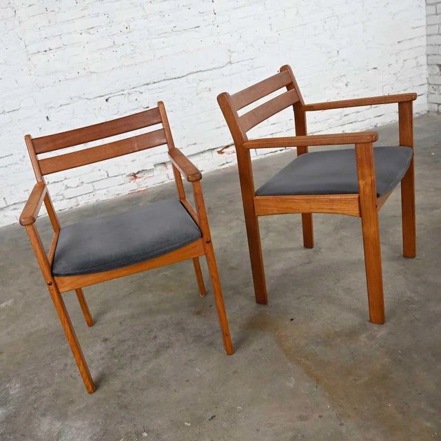 Charcoal Scandinavian Modern Teak Armchairs With Brushed Charcoal Fabric Seat Cushions, a Pair For Sale - Image 8 of 13