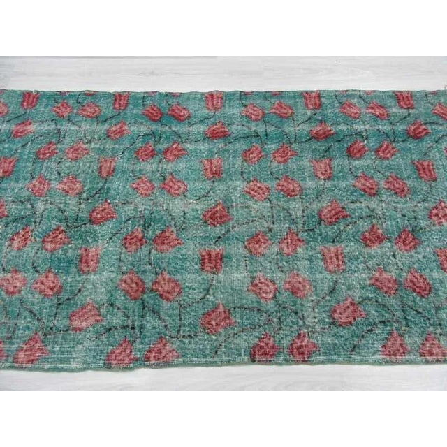 Vintage Turkish Hand-Knotted Tulip Motif Blue Ground Art Deco Rug - 3′10″ × 7′3″ For Sale - Image 4 of 6