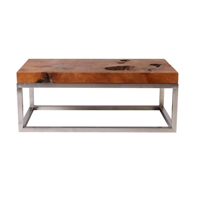 2010s Rustic Solid Teak Top and Stainless Steel Base Coffee Table For Sale - Image 5 of 9