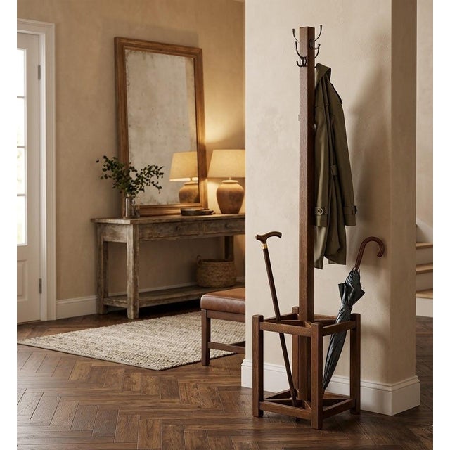Mission Coat Rack With Umbrella Stand Walnut Stain For Sale - Image 4 of 7