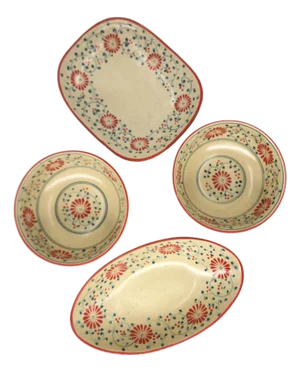 Contemporary Hand-Painted Vietnamese Ceramic Serving Bowl and Platter Set – Red Floral Motif (Set of 4)