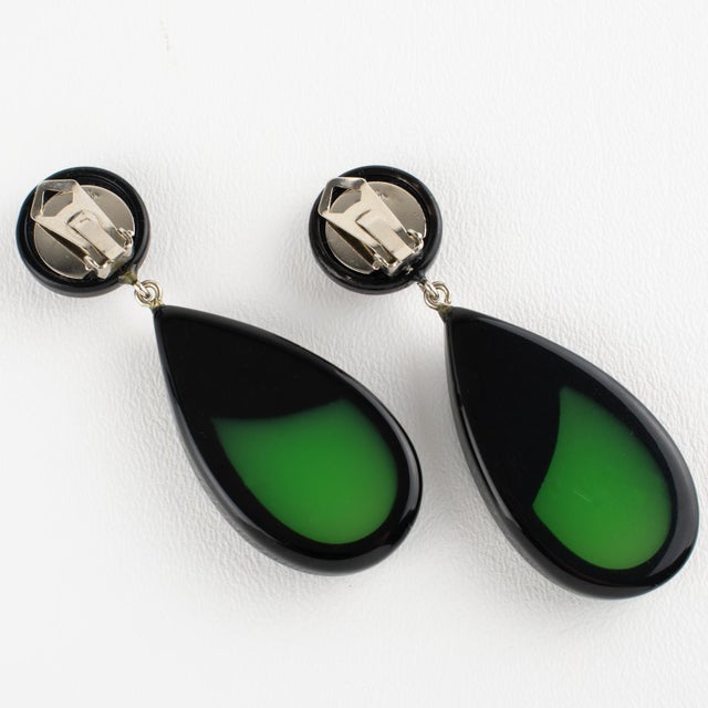 Green Pierre Cardin Jeweled Dangle Clip Earrings Black and Green Resin For Sale - Image 8 of 8