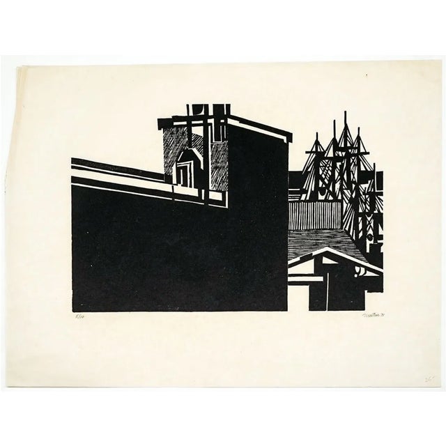 Woodcut by Rockport artist Roger Martin (1925-2015) woodblock print on paper, signed, dated 1971 and numbered 5 of 10....