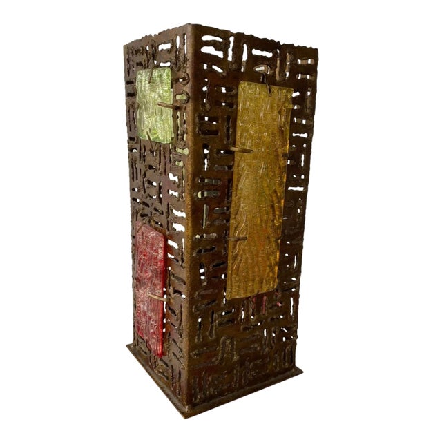 Vintage Brutalist Sculpture Steel and Thick Italian Art Glass Panels Modern Art Lamp For Sale