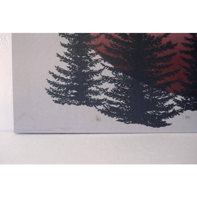 Burgundy Vintage 70s Landscape Mountains Lake Fabric Painting Wall Art For Sale - Image 8 of 10