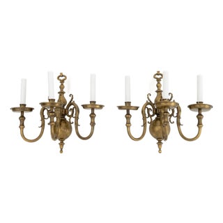 Pair of Dutch Style Bronze Three-Branch Wall Sconces For Sale