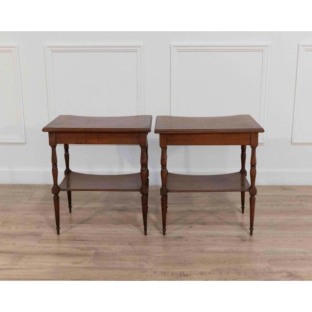 Brown Mid 20th Century Pair of Louis XVI–Style Bedside Tables with Curved Fronts and Lower Shelves For Sale - Image 8 of 8