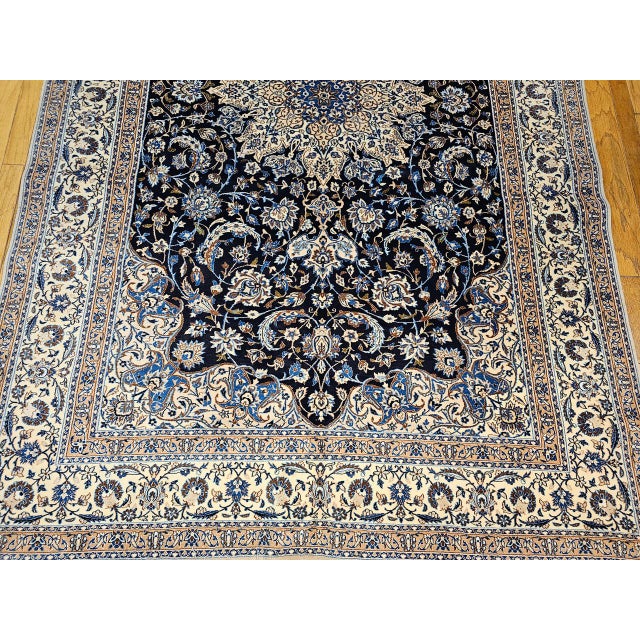 Vintage Persian Nain Area Rug, Hand-Knotted Wool & Silk, Floral Pattern, 7x11, Navy & Ivory For Sale - Image 12 of 17