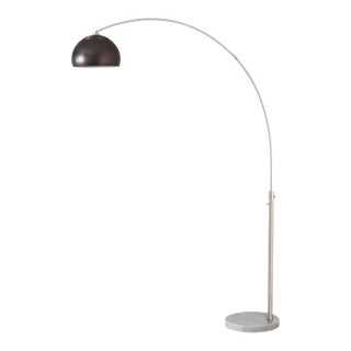 1960s 92" Adjustable Morelli Mid Century Floor Lamp - Black Nickel Shade, Satin Nickel Finish, Modern Arc Lamp, White Marble Base For Sale