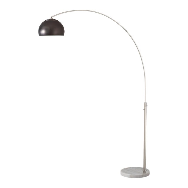 1960s 92" Adjustable Morelli Mid Century Floor Lamp - Black Nickel Shade, Satin Nickel Finish, Modern Arc Lamp, White Marble Base For Sale