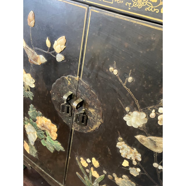 Antique Chinese Black Lacquer Cabinet W Jade Inlay of Bird & Floral Motif For Sale - Image 13 of 17