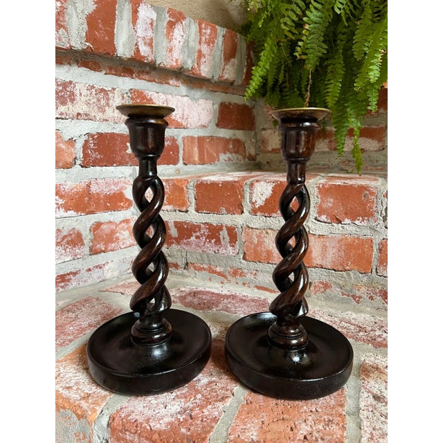 Victorian Pair Set Antique English Oak Open Barley Twist Candlesticks Candle Holder Brass For Sale - Image 3 of 12
